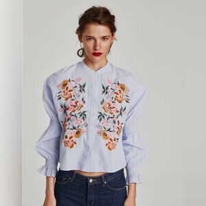 ZARA TRAFALUC COLLECTION EMBROIDERED STRIPED LONG SLEEVE BLOUSE, Size M